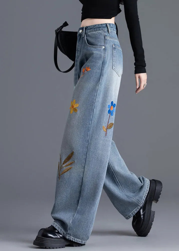 Boutique Blue Embroidered Denim Straight Pants Spring