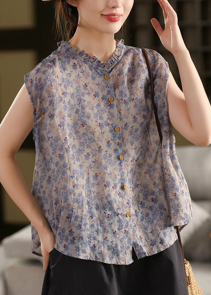 Khaki Ruffled Print Linen Blouses Sleeveless