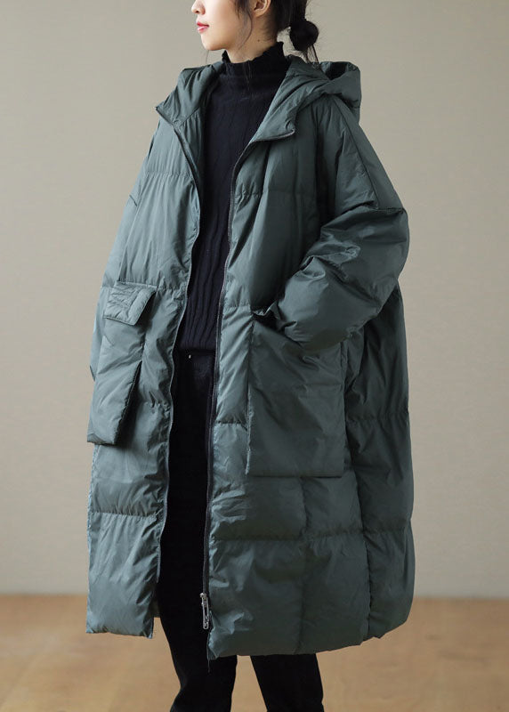 Green Hooded Zippered Pockets Winter Down Coat Long Sleeve