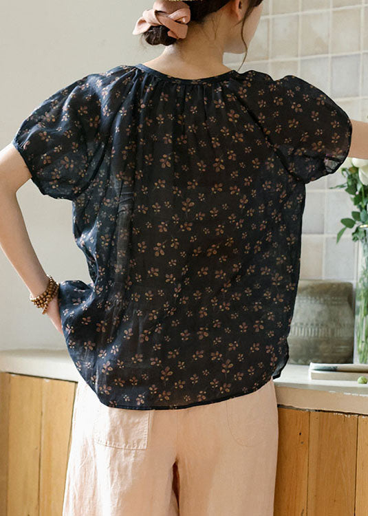 Italian Navy O-neck Button Print Linen T Shirt Summer