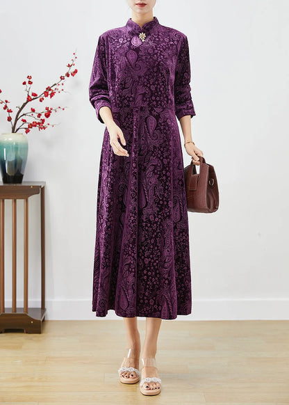 Purple Mandarin Collar Print Silk Velour Dresses Fall