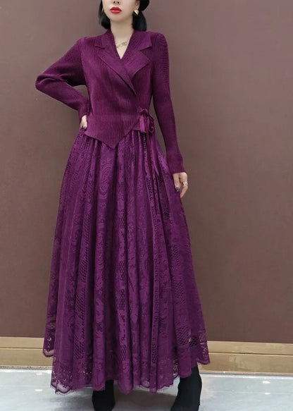 Fitted Purple Tie Waist Peter Pan Collar Knit Tops Lace Skirts Sets Two Pieces Spring