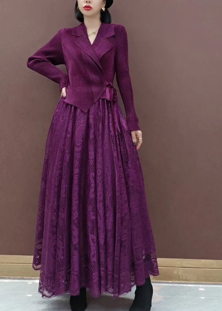 Fitted Purple Tie Waist Peter Pan Collar Knit Tops Lace Skirts Sets Two Pieces Spring
