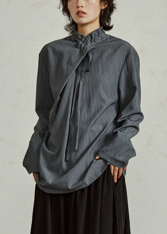 Grayish Blue Lace Up Cotton Shirts Stand Collar