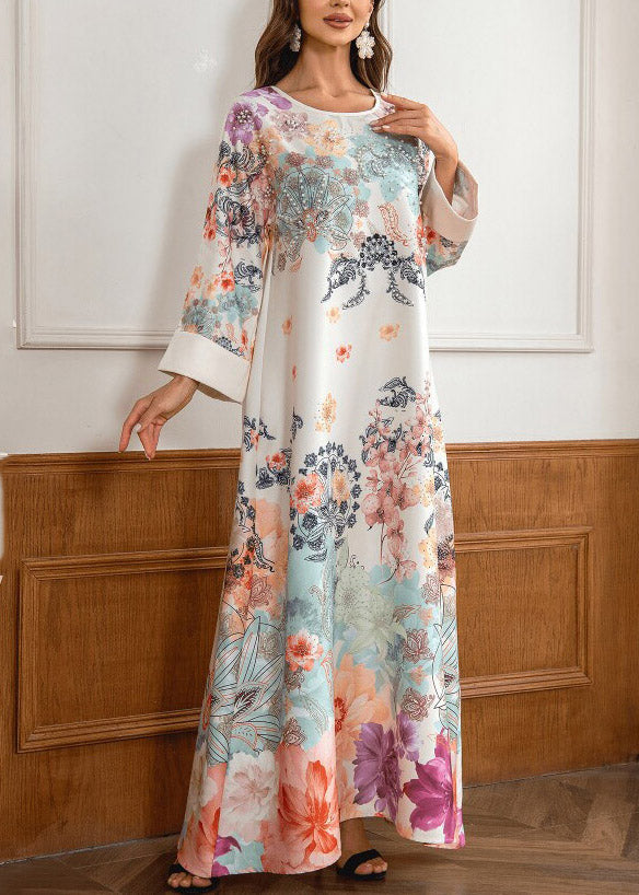 O-neck Print Zircon Maxi Dresses Fall