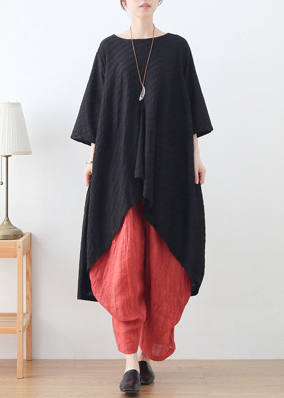 Black Loose Cotton Shirt Tops Low High Hesign Three Quarter Sleeve