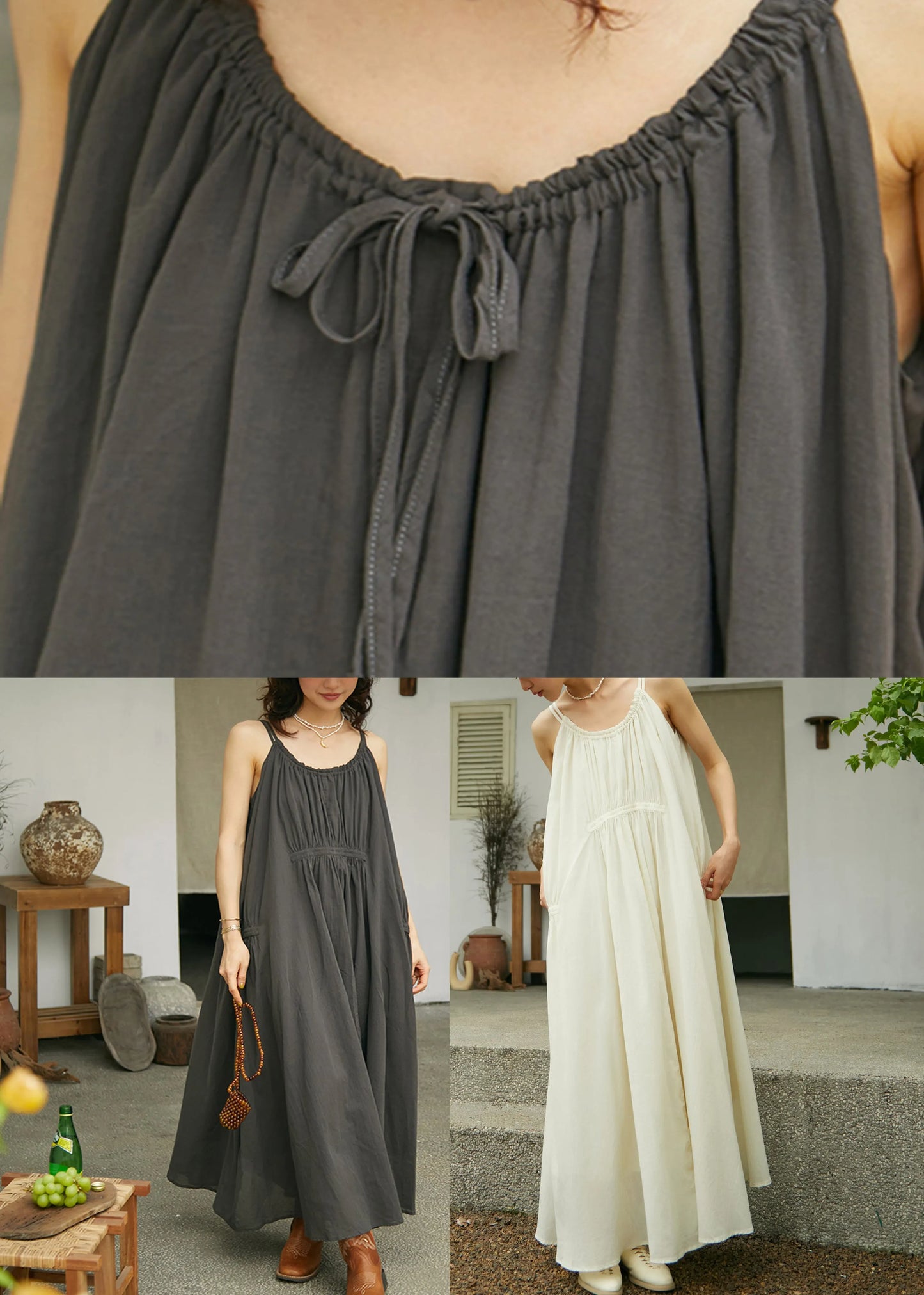 Loose Dark Grey Patchwork Cotton Long Spaghetti Strap Dress Summer