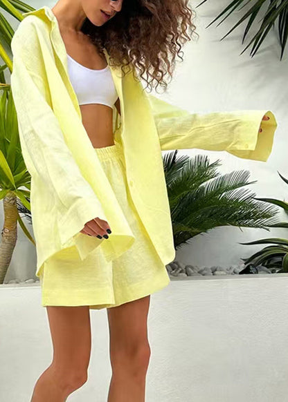 Simple Yellow Peter Pan Collar Cotton Two Piece Set Summer