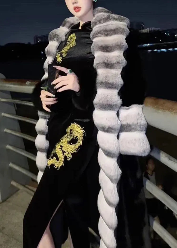 French Beige Peter Pan Collar Totoro Patchwork Leather and Fur Long Coat Winter