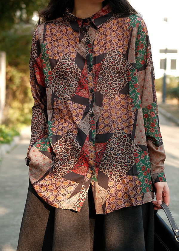 Coffee Peter Pan Collar Print Linen Shirts Spring