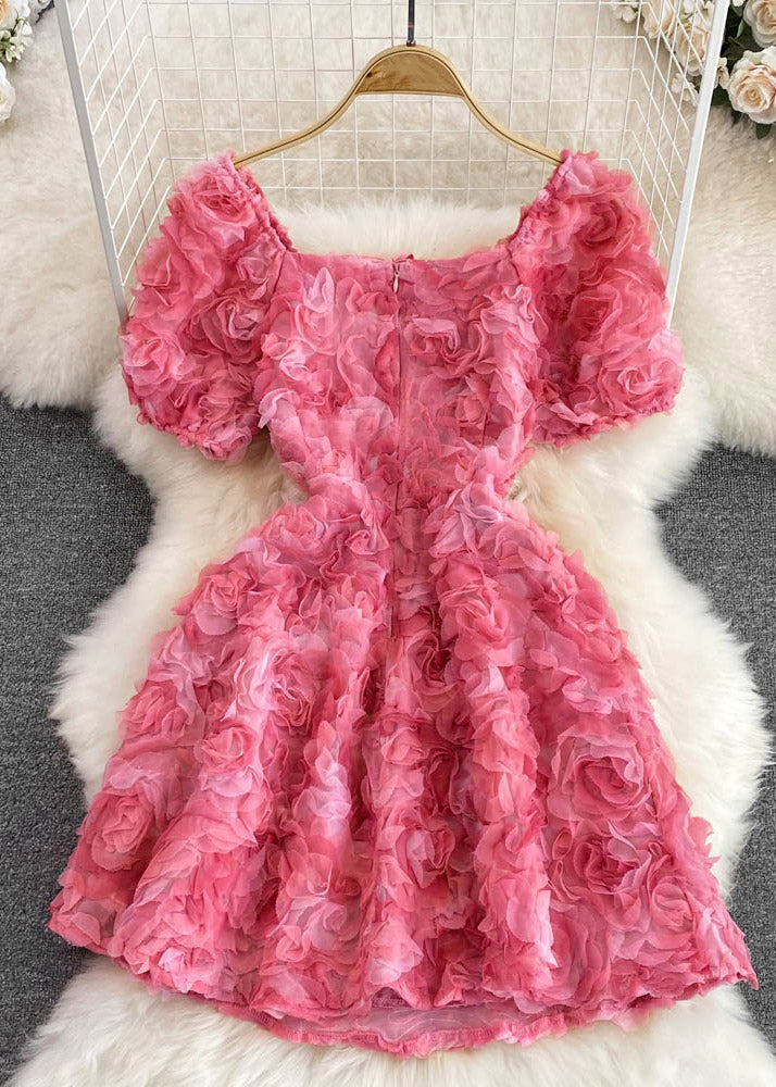 Rose Square Collar Tulle Mid Dress Puff Sleeve