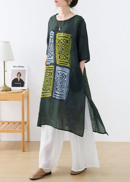 Green O-neck Side Open Print Linen Long Dresses Half Sleeve