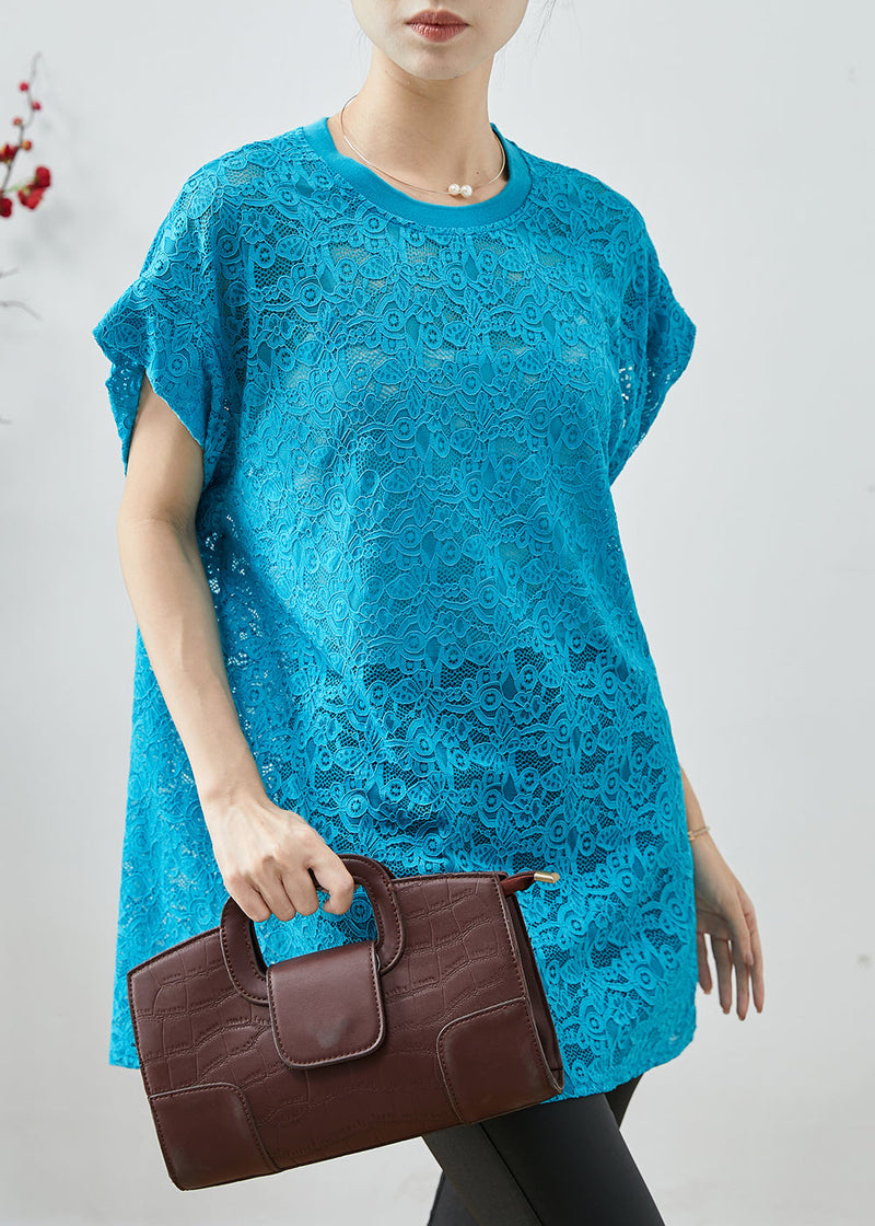 Blue Oversized Hollow Out Lace Tanks Summer