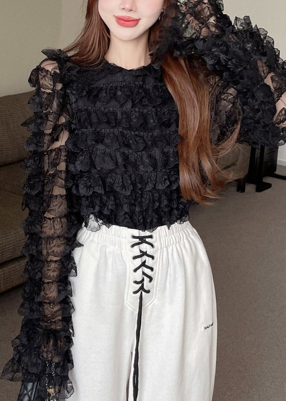 Black O-neck Ruffled Lace Top Long Sleeve