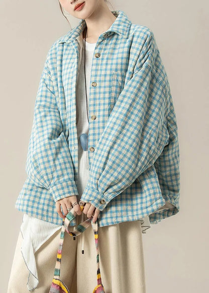 Blue Peter Pan Collar Plaid Cotton Filled Shirts Coats Winter