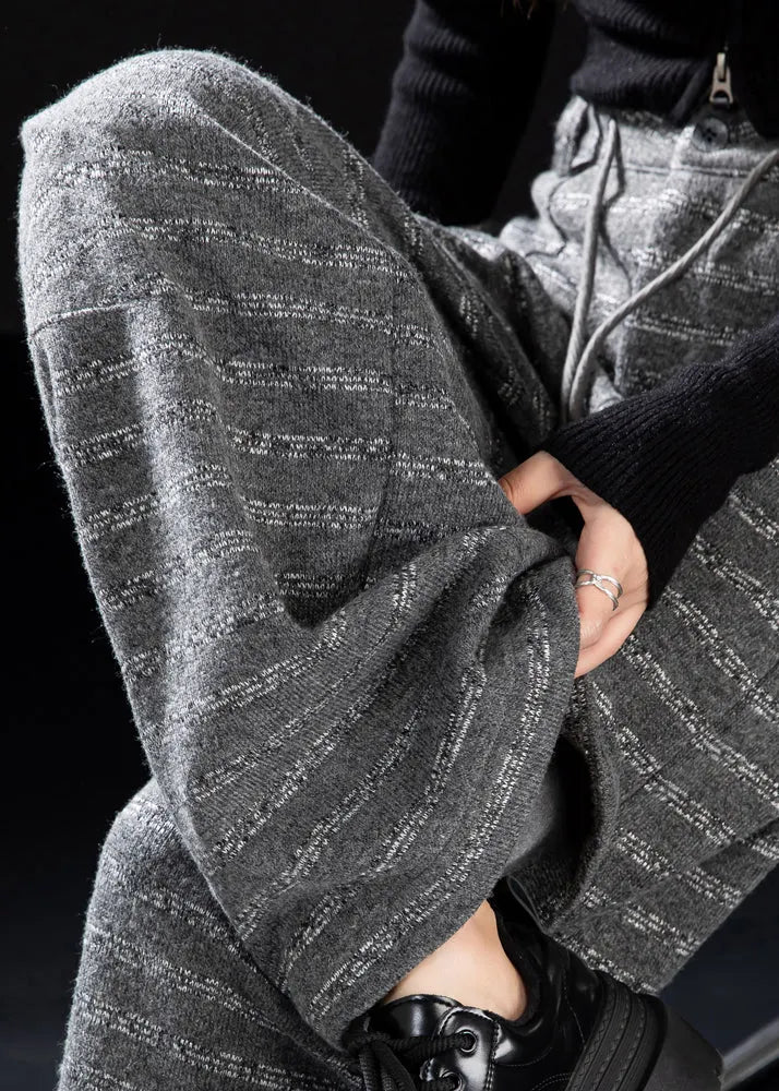 Grey Oversized Striped Woolen Straight Pants Winter