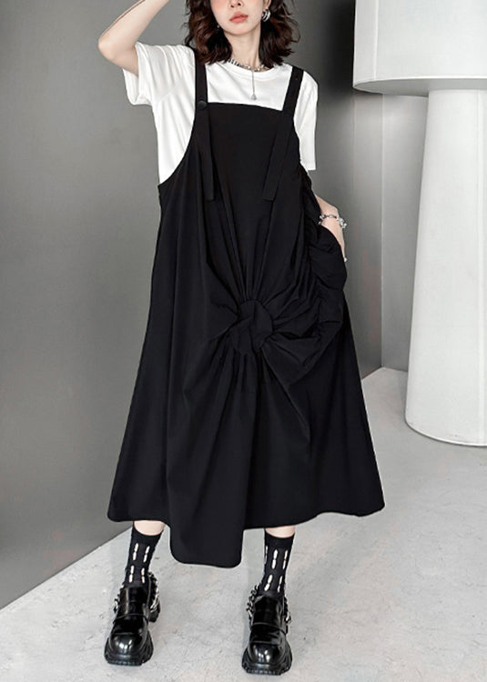 Black Wrinkled Pockets Patchwork Cotton Long Dresses Sleeveless