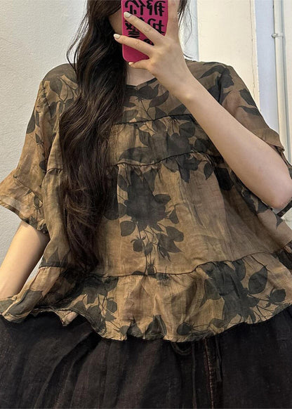 Loose Yellow O-neck Print Patchwork Linen Blouse Summer