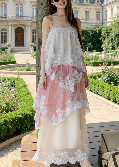 Gradient Pink Patchwork Lace Holiday Cami Dress Summer