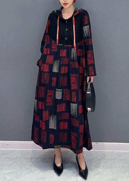 Red Hooded Plaid Patchwork Cotton Long Dress Fall