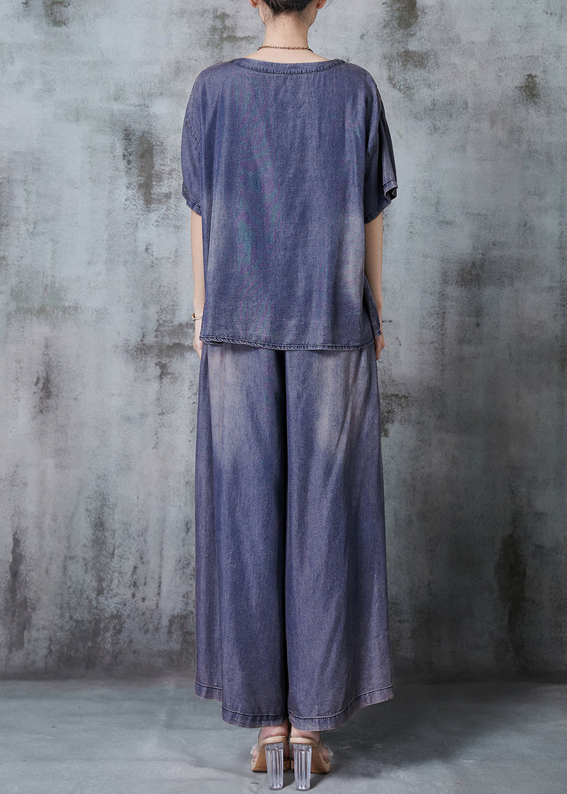 Blue Asymmetrical Patchwork Denim Two Pieces Set Summer