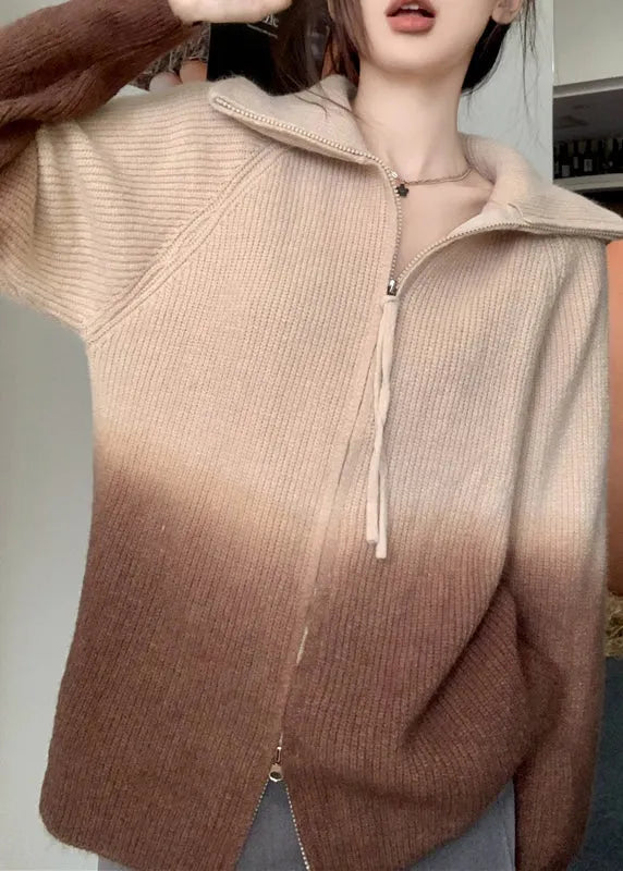 Grey Gradient Zip Up Patchwork Knit Jacket Winter