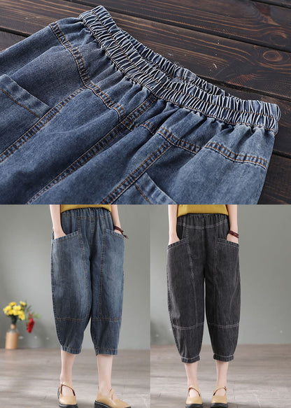 Denim Blue High Waist Pockets Cotton Crop Pants Summer