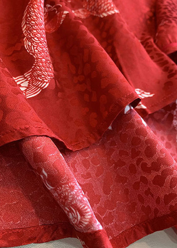 French Red Stand Collar Button Print Chiffon Blouse Tops Spring