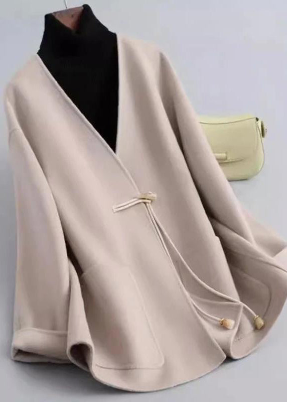 Black V Neck Pockets Woolen Coat Winter