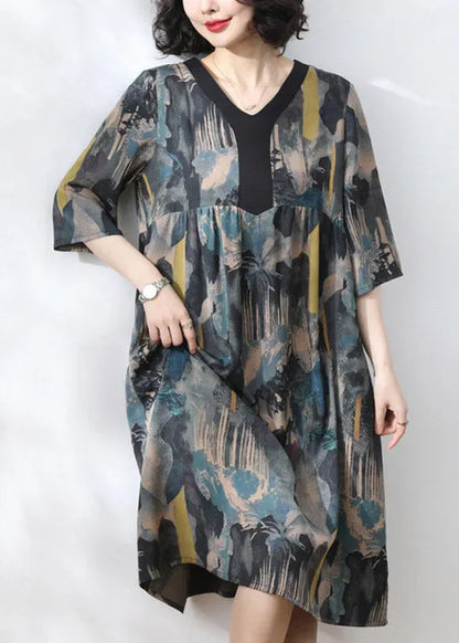 Blue V Neck Print Wrinkled Dress Half Sleeve