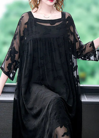 Black Square Collar Embroideried Chiffon Dress Two Pieces Set Summer
