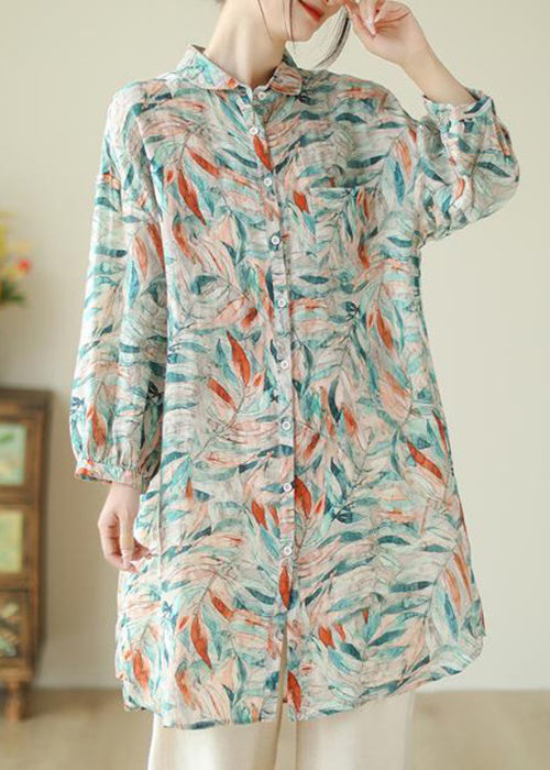 Peter Pan Collar Print Button Cotton Blouses Long Sleeve
