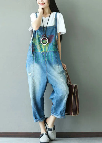 Classy Blue Print Hole Cowboy Jumpsuits Spring