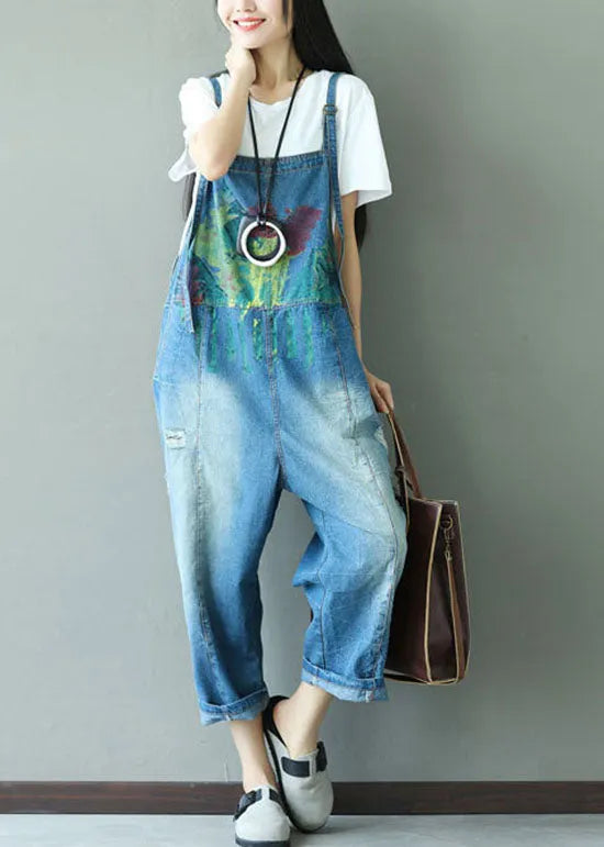 Classy Blue Print Hole Cowboy Jumpsuits Spring