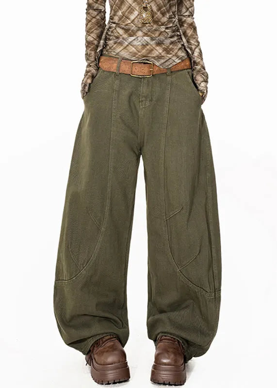 Green High Waist Pockets Straight Jeans