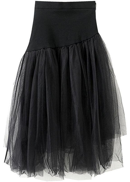 Black High Waist Asymmetrical Patchwork Tulle Skirt Summer