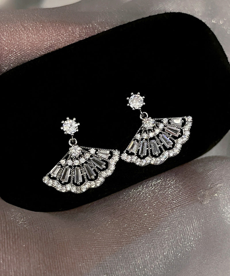 Chinese Style White Copper Zircon Fan-shaped Tassel Drop Earrings