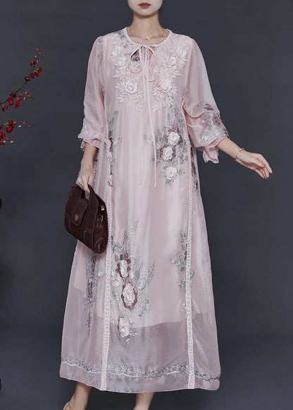 Light Pink Embroidered Silk Holiday Dress Fall