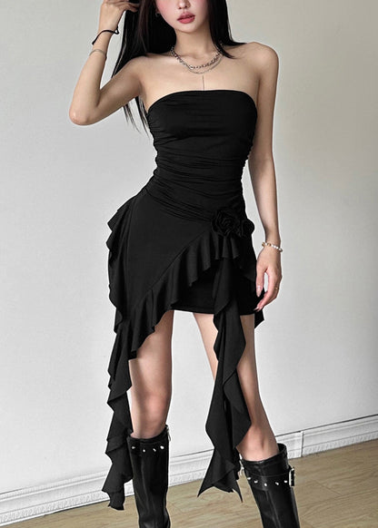 Black Ruffled Cotton Top Asymmetrical Summer
