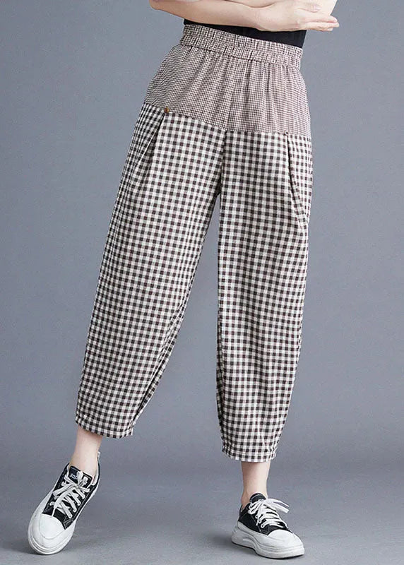 Khaki Plaid Elastic Waist Patchwork Linen Harem Pants Summer