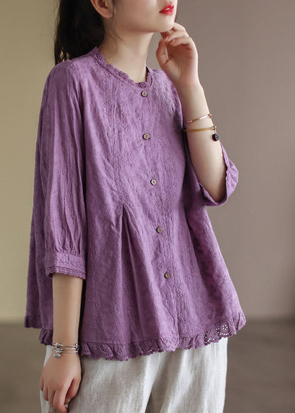 Purple Wrinkled Embroideried Linen Shirts Bracelet Sleeve