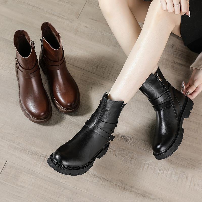 Black Genuine Leather Platform Flat Boots