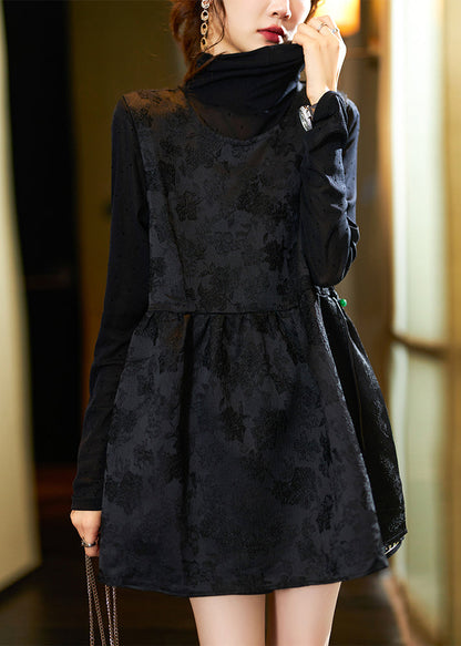Jacquard Black O-neck Side Open Patchwork Silk Sets 2 Pieces Spring