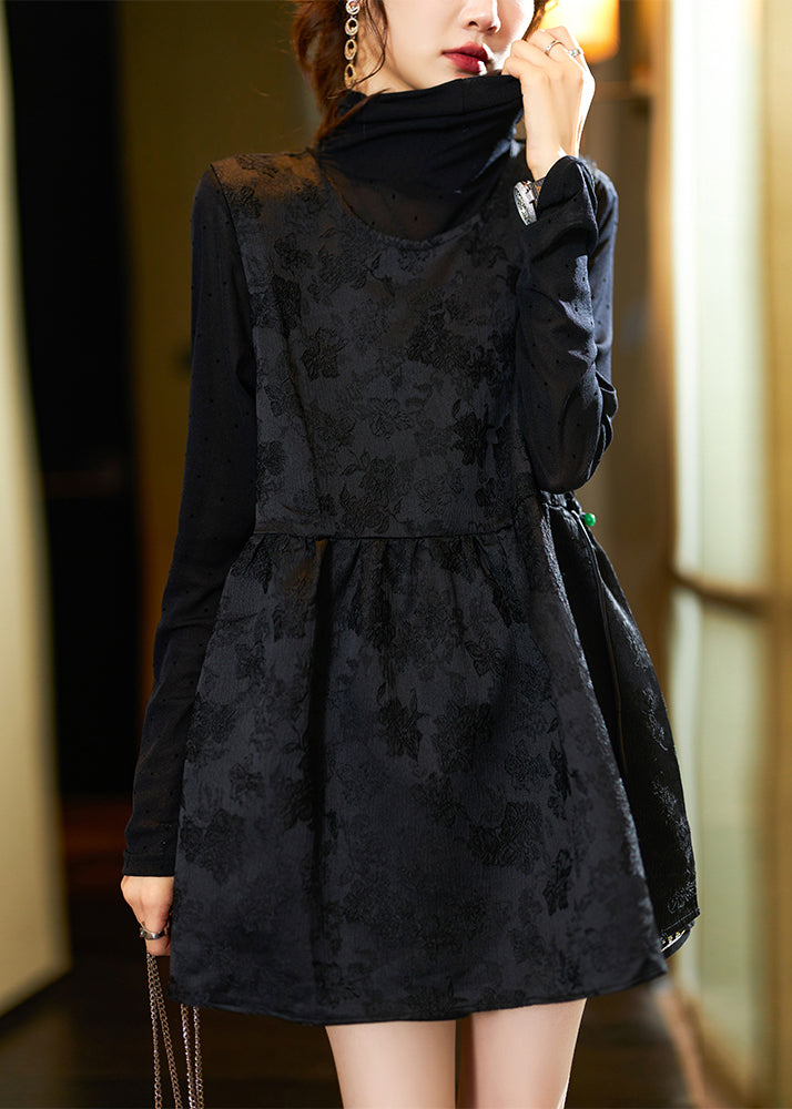Jacquard Black O-neck Side Open Patchwork Silk Sets 2 Pieces Spring