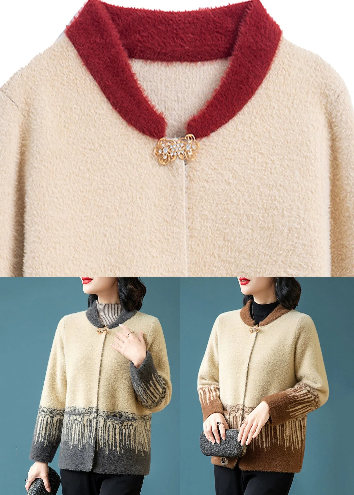 Chinese Style Grey Print Mink Hair Knitted Coat Fall