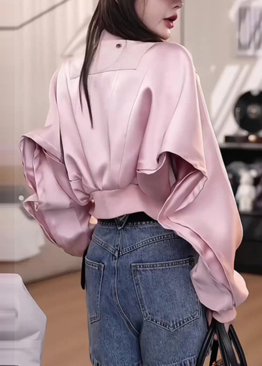 New Pink Zippered Short Baseball Jacket Autumn