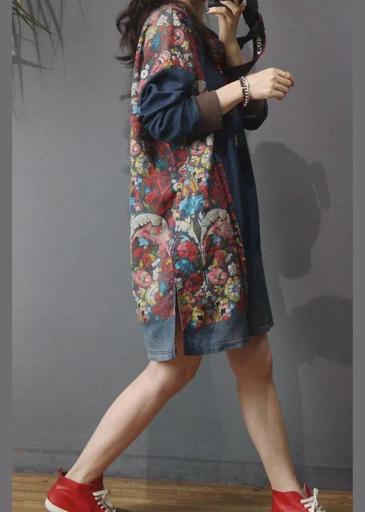 Denim Patchwork Cotton Dress Print Summer Long Dress
