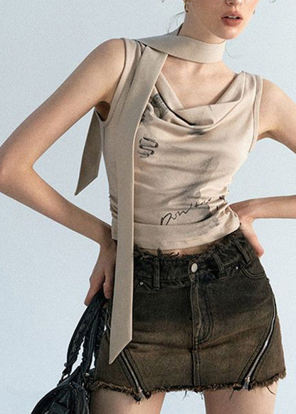 Khaki Print Beach Vest and Scarf Two Pieces Set Summer