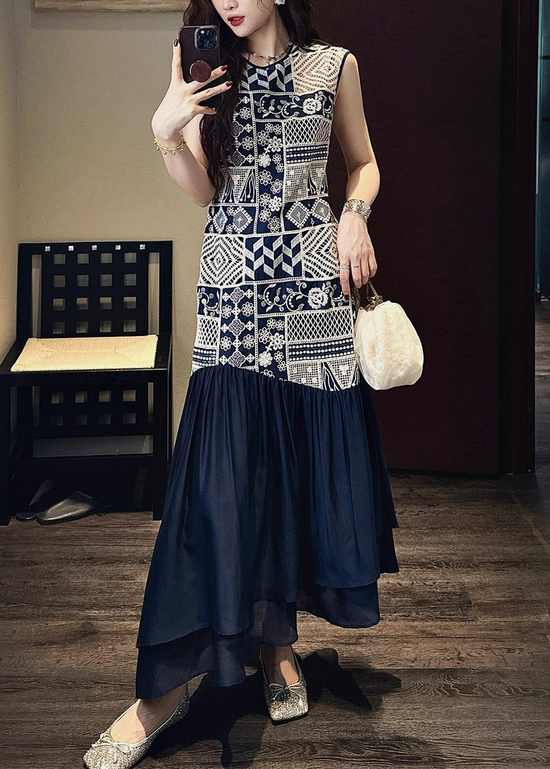 Art Navy O Neck Hollow Out Wrinkled Patchwork Cotton Long Dress Sleeveless