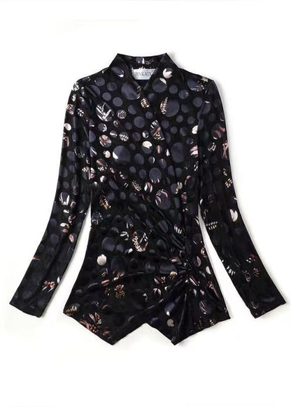 Black V Neck Print Tulle Patchwork Velour Top Spring